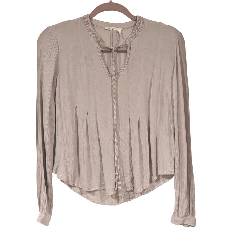 Floreat Boho Beaded Tassel Blouse XS Beige Crinkle Rayon Pleated Fairycore Top